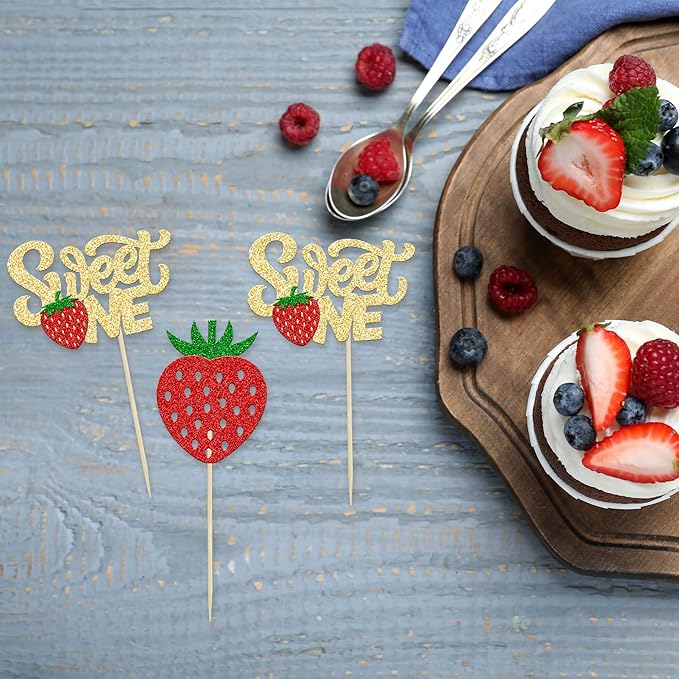 24Pcs Strawberry Sweet One Cupcake Toppers Glitter First Birthday Strawberry Cupcake Picks for Fruit Theme Baby Shower Kids 1st Birthday Anniversary Party Cake Decorations Supplies
