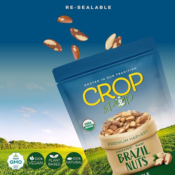 CROP BY POP - Organic Raw Brazil Nuts (8 Oz - 1 LB) Packed Fresh in Resealable Bag - USDA Organic, Non GMO - Naturally Grown, Vegan, Kosher