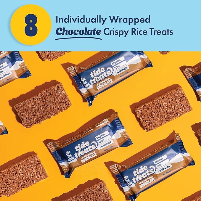 25g Protein Bar Crispy Rice Treat Chocolate | Clean Ingredients, Gluten Free, No Added Sugar, 7g Fiber | High Protein Snack, Post-Workout Dessert Cravings | 8 Count | TideTreats
