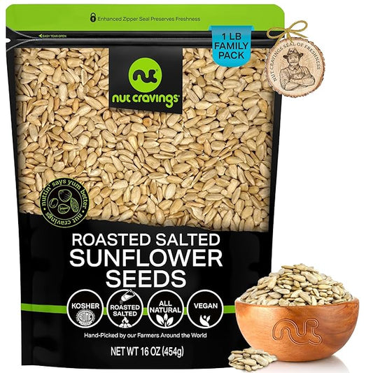 NUT CRAVINGS - Roasted Salted Sunflower Seeds Kernels to eat, No Shell Hulled (16oz - 1 LB) Bulk Nuts Packed Fresh in Resealable Bag - Healthy Protein Food Snack, Food Assortments