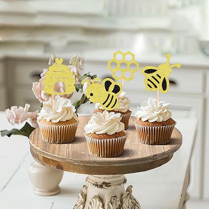 24 PCS Bumble Bee Cupcake Toppers Bumble Bee Party Decorations for Kids Girls Birthday Baby Shower Honey Bee Themed Party Supplies