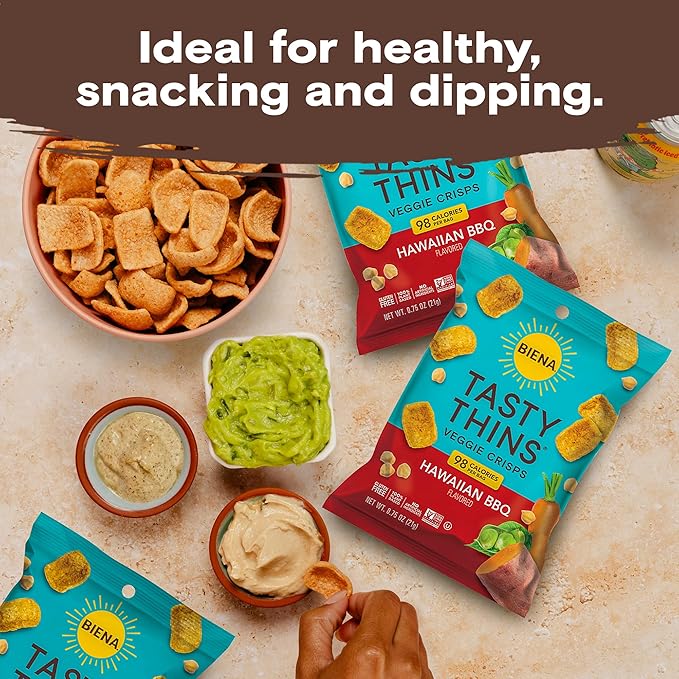 BIENA Tasty Thins Veggie Crisps ??Hawaiian BBQ, 0.75 Ounce (Pack of 12) ??Chickpeas & Veggies, Vegan, Gluten Free, Dairy-Free, Non-GMO, Allergy-Friendly, Healthy On-The-Go Snack for Kids & Adults