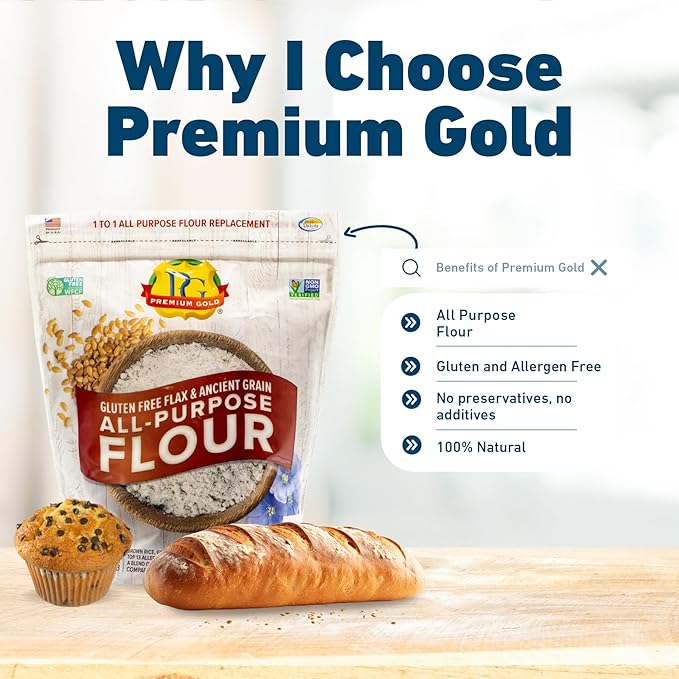 Premium Gold Gluten Free All Purpose Flour, 5 Pound, Gluten-Free, Non-GMO, Kosher, High In Fiber, Source of Omega-3, Plant-Based Protein, No Preservatives, No Additives, Ideal for Beverages, Baking & Topping, Baking Flour Substitute