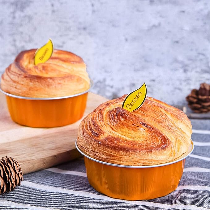 Beasea Disposable Ramekins for Baking, 8oz 100 Pack Aluminum Foil Cups with Lids, Creme Brulee Muffin Cupcake Baking Cup Mini Pudding Cups for Party Wedding Birthday - Orange