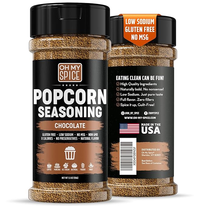 Popcorn Seasoning Chocolate Powder Mix - Gluten Free & Low Sodium Cocoa Powder Blend Popcorn Flavoring Seasoning. Healthy Movie Night Theater Pop Corn Toppings. Sweet Pop Corn Salt Seasonings. 5.5oz