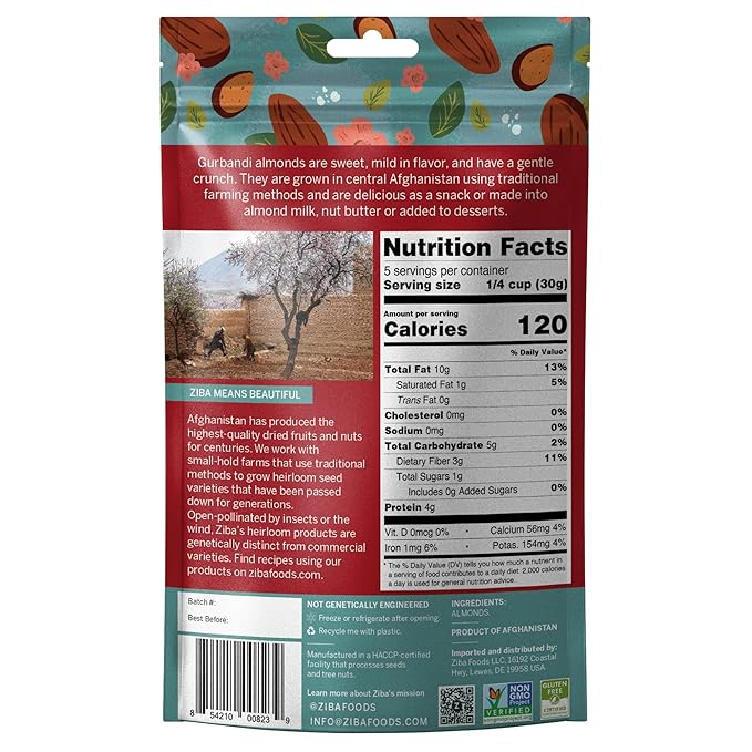 Ziba Foods Heirloom Gurbandi Raw Almonds | Non-GMO, Vegan, Whole 30 Friendly, Keto & Paleo | Heirloom Superfood Naturally High In Vegan Protein & Omega 3s, 5.3 lbs