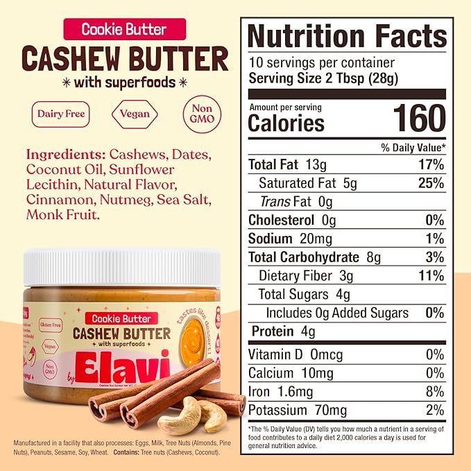 ELAVI Keto Cashew Butter, Kid-Friendly, Low-Sugar Dessert Spread | Vegan, No Added Sugar, No Sugar Alcohols, No Palm Oil (1 Count, Cookie Butter)