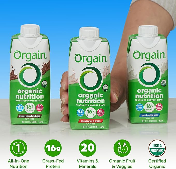 Orgain Organic Nutritional Protein Shake, 16g Grass Fed Whey Protein, Meal Replacement, 20 Vitamins & Minerals, Fruits & Vegetables, Variety Pack, Chocolate, Vanilla, Strawberry, 11 Fl Oz (12 Pack)