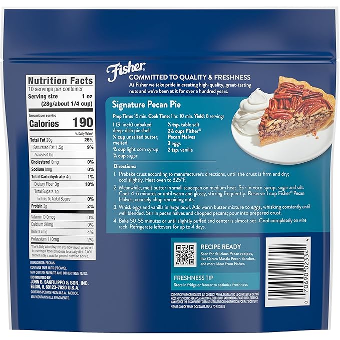 Fisher Chef's Naturals Pecan Halves 10 oz Resealable Bag, Unsalted Raw Nuts for Cooking, Baking & Snacking, Healthy Snacks for Adults, Vegan Protein, Keto Snack, Gluten Free Raw Pecans Halves