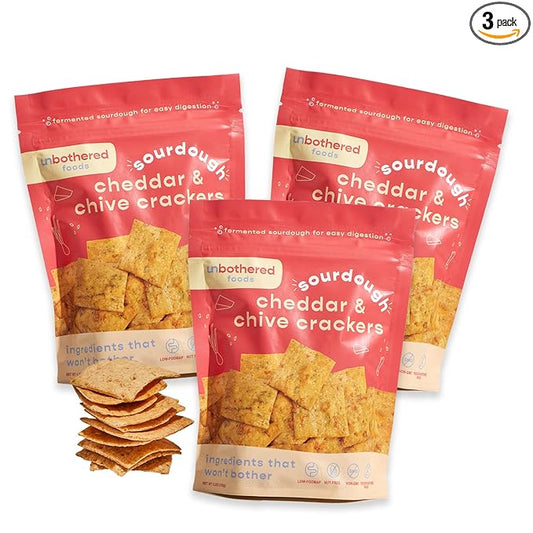 Unbothered Foods Cheddar & Chive Sourdough Crackers - Gut-Friendly & Easy to Digest, Non-GMO, No Added Sugar, Nut-Free, Perfect for Cheese & Snacks, 100% Naturally Fermented (3 Pack)