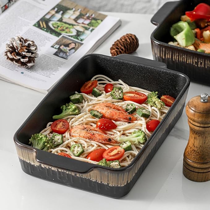 KOOV Bakeware Set, Ceramic Baking Dish, Rectangular Baking Pans Set, Casserole Dish for Cooking, Cake Dinner, Kitchen 9 x 13 Inches, 3-Piece, Stripe Series (Rough Black)