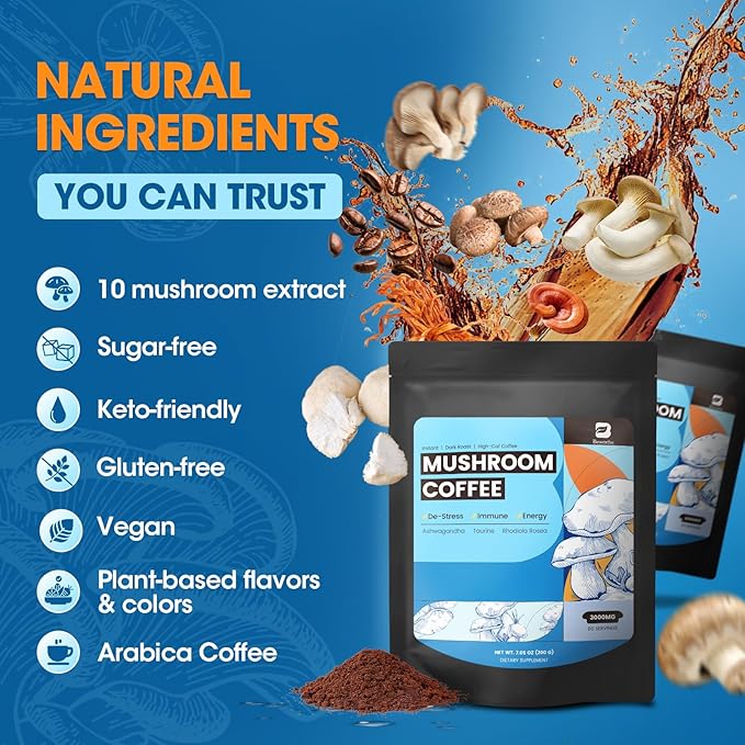 B BEWORTHS Mushroom Coffee, Mushroom Coffee Powder with Ashwagandha, L-theanine, Lion's Mane, Reishi, Chaga, Cordyceps, Turkey Tail, Ginseng - Mixed Arabica Instant Coffe Support Immune, Brain, Focus