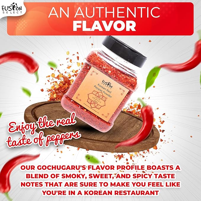 Fusion Select Korean Non-GMO Red Chili Pepper Flakes Powder, Gluten Free, Premium Gochugaru for Kimchi, Chicken, Pork, Fish, Vegetables Seasoning Korean BBQ Hot Pepper Coarse Powder Flakes 12 OZ