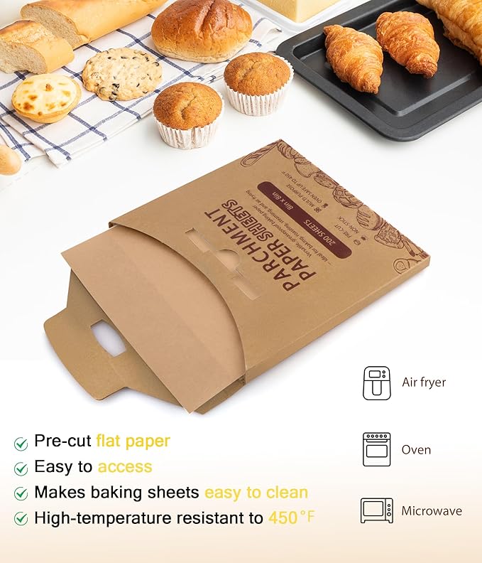 200PCS Parchment Paper Sheets, 9x9in, Squares Baking Paper for Baking, Air Fryer, Steaming, Grilling, Roasting, Wrapping, Precut Non-Stick Square Pan Liners, Oven Paper for Bread (Brown, 9x9 in)