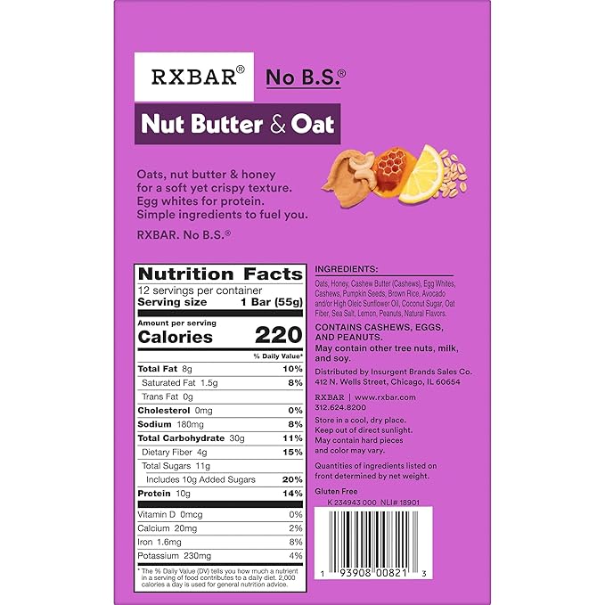 RXBAR Nut Butter and Oat Protein Bars, Protein Snacks, Snack Bars, Lemon Honey Cashew Butter, 23.2oz Box (12 Bars)