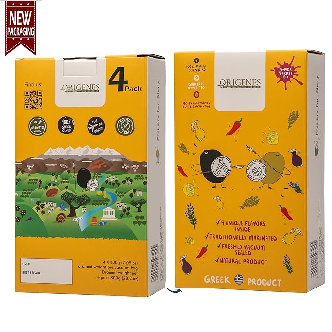 Pack of 4 Variety Mix Olives in Vacuum, 2 Greek Olive Varieties with 4 flavors, Freshly Sealed Olives with Extra Virgin Oil 4X200g