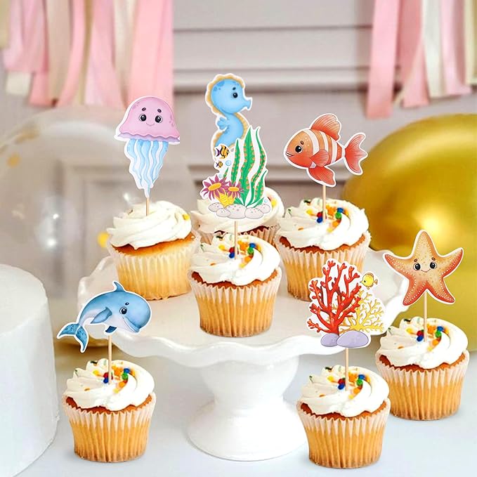 18 Pcs Ocean Cupcake Toppers - Ocean Theme Party Decorations Sea Animals Dolphin Whale Turtle Octopu Weaweed Party Cake Picks for Kids Under the Sea Baby Shower Birthday Party Supplies