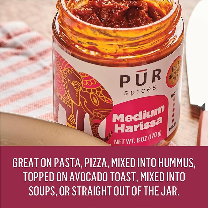 PUR Spices Medium Harissa Paste I Hot Sauce for Cooking and Dipping I Spicy Chili Pepper and Garlic Paste | Middle Eastern Inspired | Plant Based, Gluten Free, No Sugar Added, Preservative and Additive Free I 6oz Jar