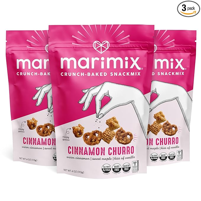 Marimix Snack Mix | Cinnamon Churro 3 Pack | Crunch Baked Sweet & Salty Savory Plant Based Naturally Gluten Free Whole Grain Fiber Charcuterie Pretzel Trail Party Mix | No Artificial Ingredients