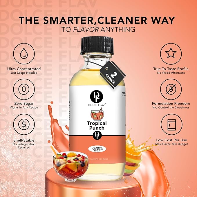 Dolce Flav Tropical Punch Extract ??2 Ounce Oil-Soluble Kosher, Sugar-Free, Concentrated Fruity Tropical Punch Flavoring for Baking, Smoothies & Desserts, Includes Measured Dropper
