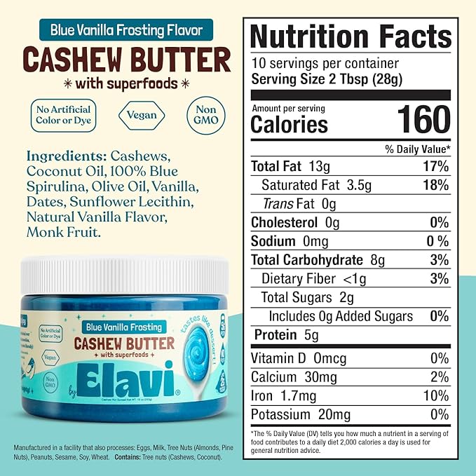ELAVI Keto Cashew Butter, Kid-Friendly, Low-Sugar Dessert Spread | Vegan, No Added Sugar, No Sugar Alcohols, No Palm Oil (1 Count, Blue Vanilla)