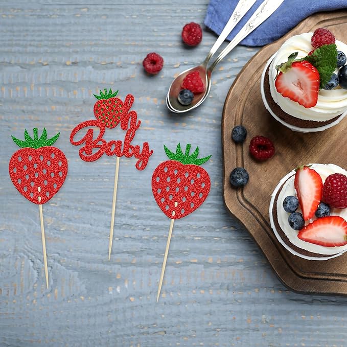 24Pcs Strawberry Oh Baby Cupcake Toppers Glitter Fruit Theme Babyshower Strawberry Cupcake Picks for Gender Reveal Baby Shower Kids Boys Girls Birthday Party Cake Decorations Supplies