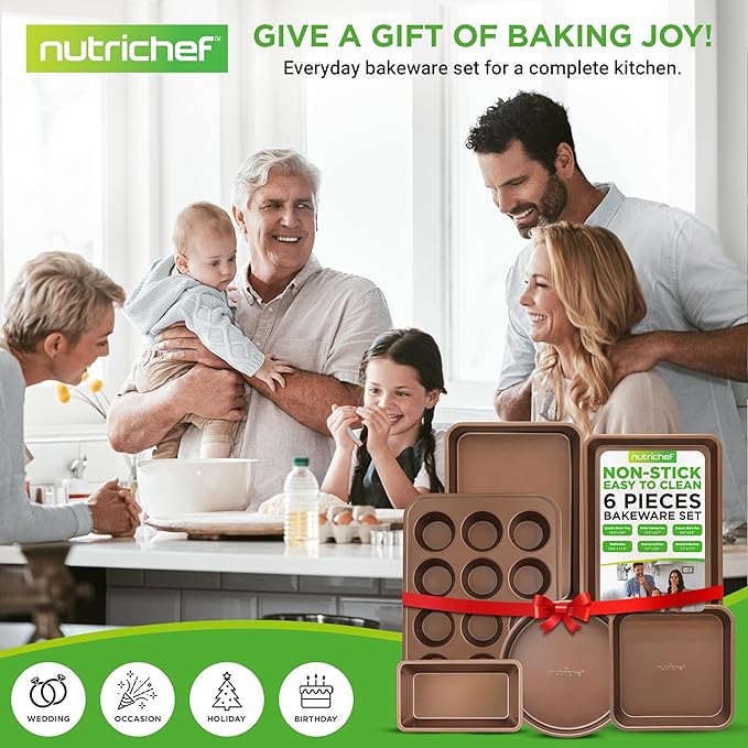NutriChef 6-Piece Nonstick Bakeware Set, Carbon Steel Baking Pans, Includes Cookie Trays, Wide & Square Bake Pan, Bread Loaf & Round Cake Pan, Muffin Pan - Gold