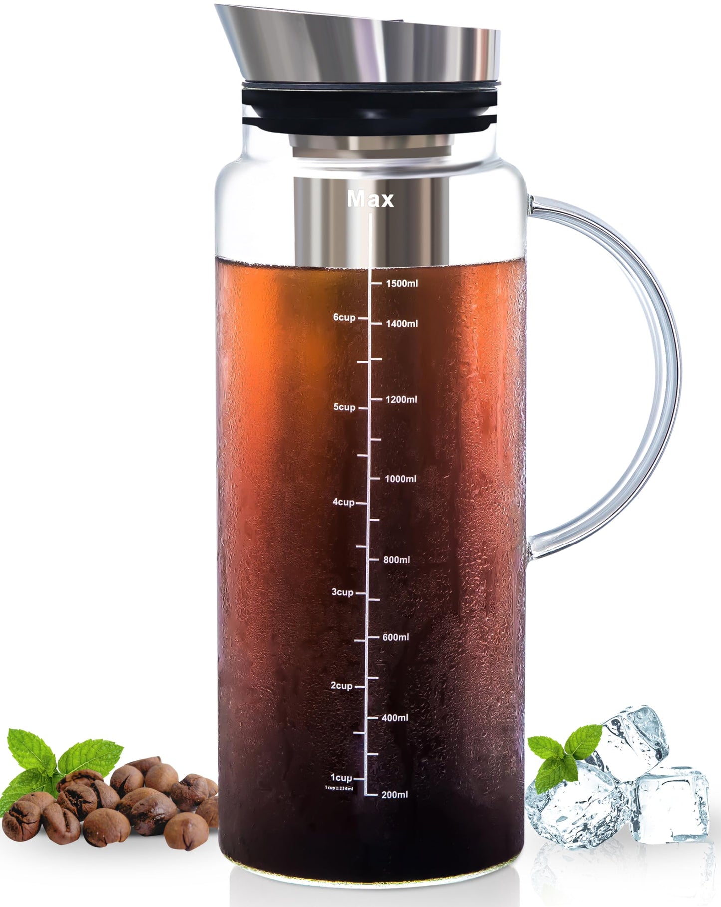 Aquach 51oz Cold Brew Coffee Maker, Borosilicate Glass Pitcher for Iced Tea