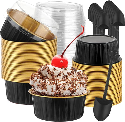 200Pack Mini Cake Pans with Lids Baking Cups with Spoons (Black&Gold)