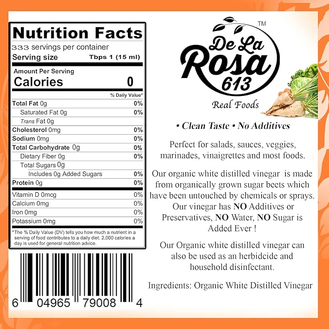 De La Rosa Organic Distilled White Vinegar, Raw & Unfiltered, Kosher for Passover, Vegan & Gluten Free, Great for Salad Dressing, Marinades, White Distilled Vinegar 5 Liter (Pack of 1)