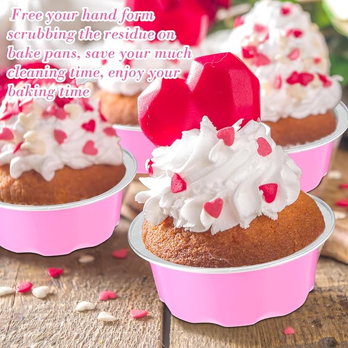 Eaasty 150 Pcs Baking Cups with Lids, 1.6 oz Muffin Cupcake Liners Aluminum Foil Mini Cake Pans Small Disposable Ramekins Flan Containers with Lids for Weddings, Birthday, Various Holiday (Pink)