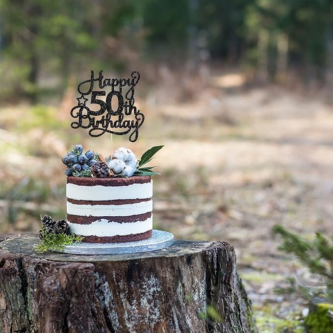 1 Pack Happy 50th Birthday Cake Topper Black Glitter 50 & Fabulous Cheers to 50 Years Old 50th Birthday Cake Pick for Celebrating 50th Birthday Anniversary Party Cake Decorations Supplies