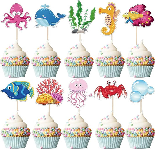 40 Pack Marine Animal Cupcake Toppers Glitter Starfish Hippocampus Seaweed Ocean Sea Animal Creature Marine Cupcake Picks Kids Birthday Baby Shower Summer Cake Decorations Style 1