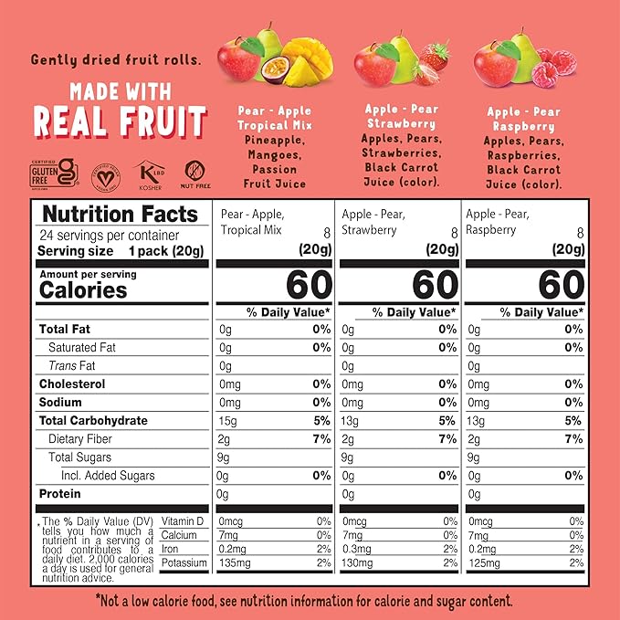 BEAR Real Fruit Snack Rolls - Gluten Free, Vegan, and Non-GMO - Variety Pack (Strawberry, Raspberry, Tropical)) ??48 Rolls, Healthy School And Lunch Snacks For Kids And Adults, 0.7 Ounce (Pack of 24)