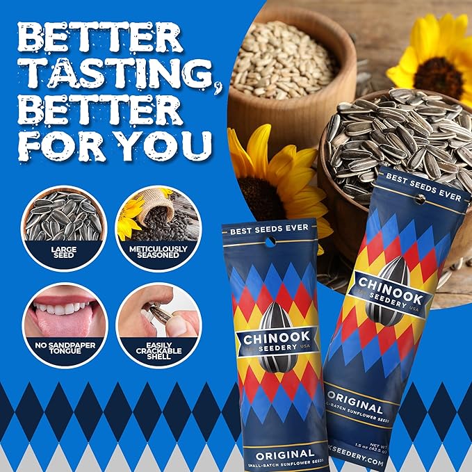 Chinook Seedery Roasted Sunflower Seeds to Eat - 1.5 oz (Pack of 36) Original - Jumbo Low Sodium Sunflower Seeds Keto Snacks - Adventure, Baseball, School Snacks - Gluten Free, Non GMO Snacks