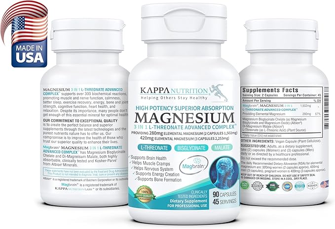 Kappa Nutrition Magbrain??Magnesium L-Threonate Plant-Based, 420mg Elemental Magnesium (3 Capsules) from 2,253mg, 90 Vegan Capsules, Brain, Sleep & Muscle Support.