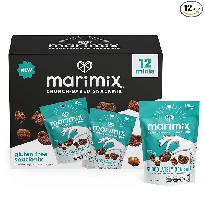 Marimix Snack Mix | Crunch Baked Sweet & Salty Savory Plant Based Naturally Gluten Free Whole Grain Fiber Charcuterie Pretzel Trail Party Mix | No Artificial Ingredients | 12 Count (Mini Chocolatey Sea Salt)
