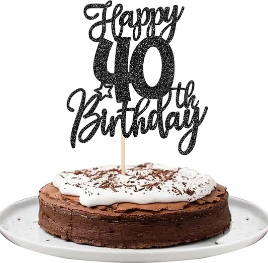 1 PCS Happy 40th Birthday Cake Topper Glitter Cheers to 40 Years Birthday Cake Pick Forty Hello 40 Fabulous Cake Decoration for Happy 40th Birthday Anniversary Party Decorations Supplies Black