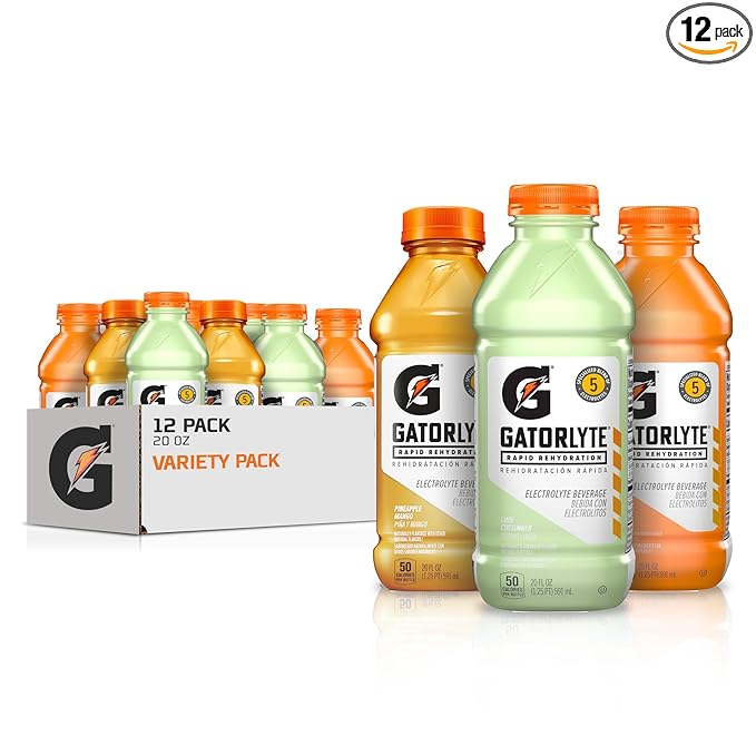 Gatorlyte Rapid Rehydration Electrolyte Drink, 3 Flavor Variety Pack, Specialized Blend of 5 Electrolytes, Lower Sugar, No Artificial Sweeteners, No Artificial Flavors, 20 fl oz Bottles (12 Pack)