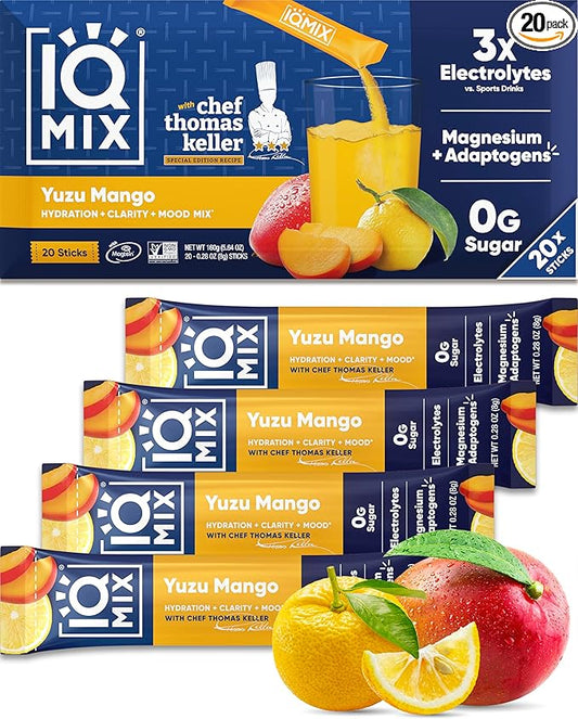 IQMIX x Chef Thomas Keller - Hydration Electrolyte Powder ??4-in-1 Formula for Hydration, Mental Clarity, Mood and Recovery ??Sugar-Free, Keto, Magnesium L-Threonate, Lion?™s Mane ??20 Count Yuzu Mango