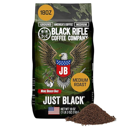 Black Rifle Coffee Company Ground Coffee Medium Roast - Roasted Blend Made from Pure Arabica Beans - Colombian & Brazilian Beans - Veteran Founded & American Made (Just Black, 18oz Bag)