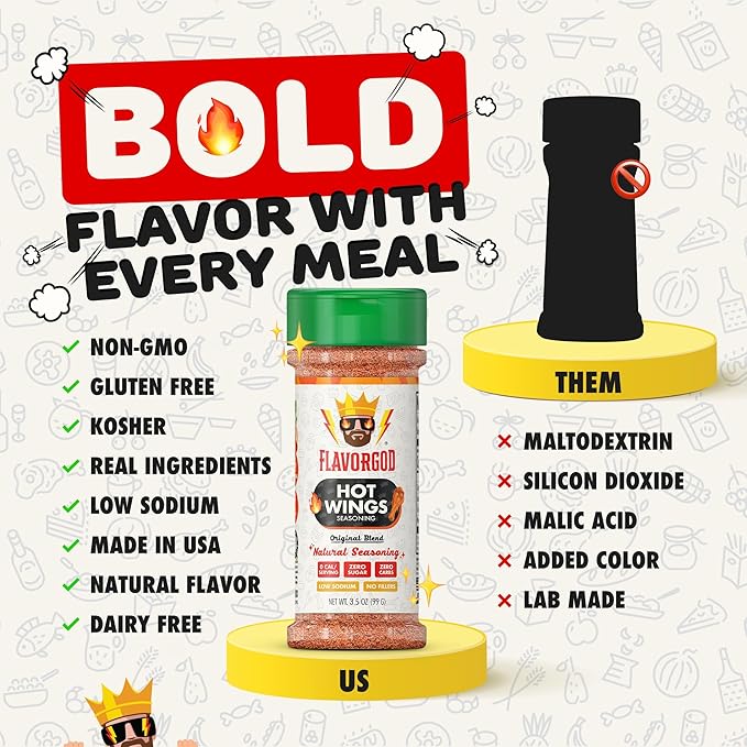 Hot Wings Seasoning Mix by Flavor God - Premium All Natural & Healthy Spice Blend for Chicken Wings, Eggs, Seafood & Vegetables - Kosher, Low Sodium, Vegan, Gluten-Free & Keto Friendly
