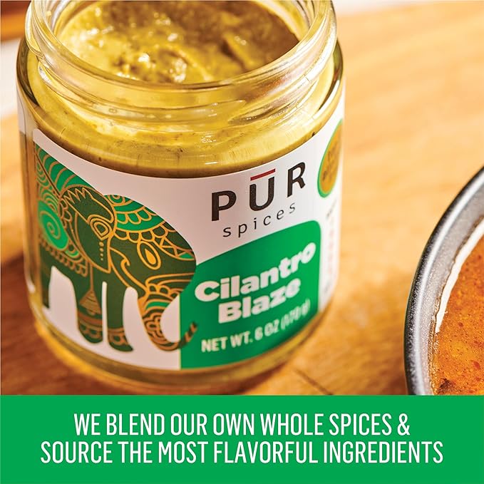 PUR Spices Cilantro Blaze I Hot Sauce & Tangy Cilantro Chutney I Fresh Cilantro, Garlic, Lime and Hot Peppers I Plant Based, Gluten Free, No Sugar Added, Preservative and Additive Free I 6oz Jar