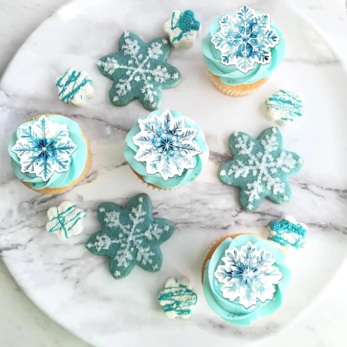 60 PCS Edible Snowflake Cupcake Toppers Snowflakes Cupcake Picks Edible Frozen Birthday Decorations for Winter Wonderland Baby Shower Birthday Christmas Party Cake Decorations Supplies White Blue