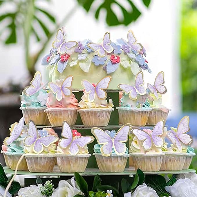 30pcs Purple Gold Edge Mixed Size Lively 3D Waterproof Butterfly Cupcake Topper for Girls Women's Happy Birthday Wedding Party Cake Wall Party Food Decorations
