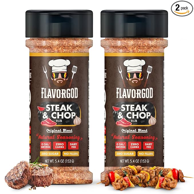 Steak & Chop Rub Seasoning Mix, 2 Bottles by Flavor God - Premium All Natural & Healthy Spice Blend for Beef, & Pork - Kosher, Zero Carbs, Gluten-Free & Vegan - Great Flavor Spices and Seasoning Gift