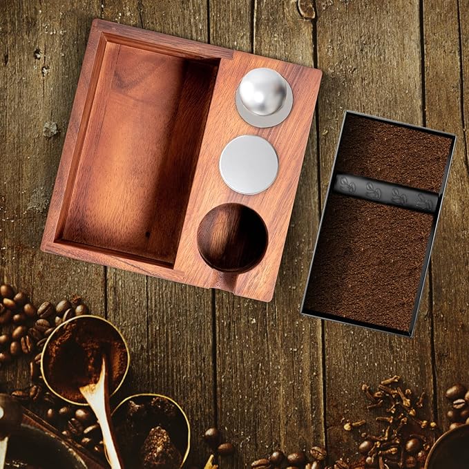 Gdrasuya10 58MM Espresso Knock Box and Tamping Station Coffee Milk Tea Machine Accessories Wooden Tool Stainless Steel Storage Boxs for 2.28" Tamper Distributor Portafilter