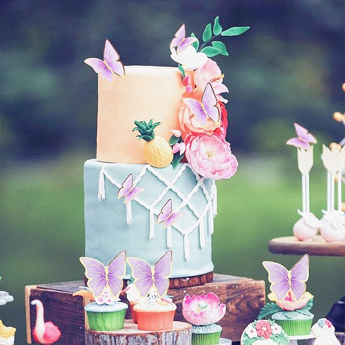 30pcs Purple Gold Edge Mixed Size Lively 3D Waterproof Butterfly Cupcake Topper for Girls Women's Happy Birthday Wedding Party Cake Wall Party Food Decorations