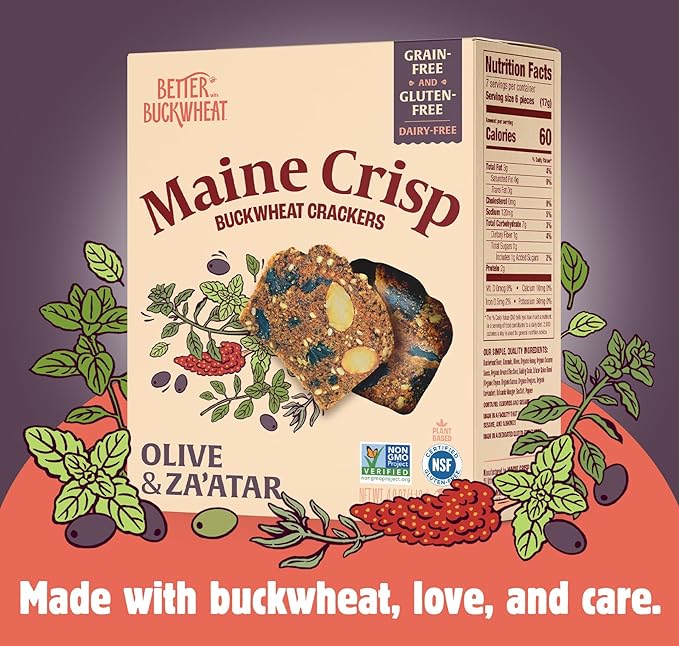 Maine Crisp Olive & Za'atar Crisps, 4 Pack, Gluten Free Crackers - Snack Crackers, Grain Free, Non-GMO - Sweet & Savory Flavor, For Cheese Boards, Salad Toppings & Jams