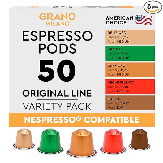 Grano Milano Variety Pack With Decaf Coffee Capsules - 50 Aluminum Coffee Pods Compatible with Nespresso Original Line, Medium And Dark Roast, Made In Italy